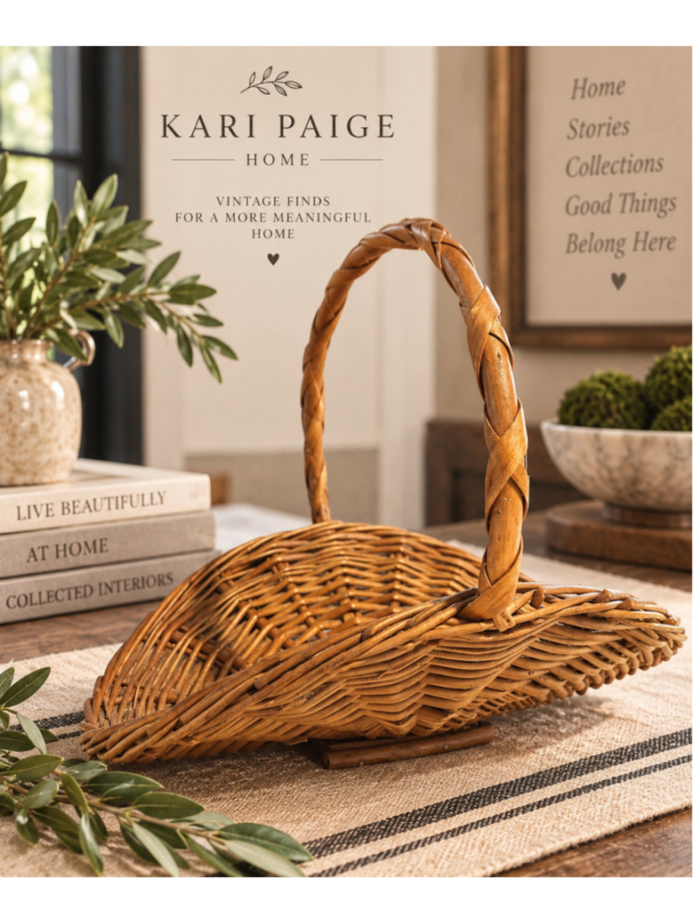 Vintage Woven Wicker Gathering Basket Rustic Cottage Farmhouse Decor